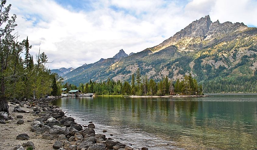 Alice Lake in Grand Tetons National Park with a view of the mountains and evergreens on the shore