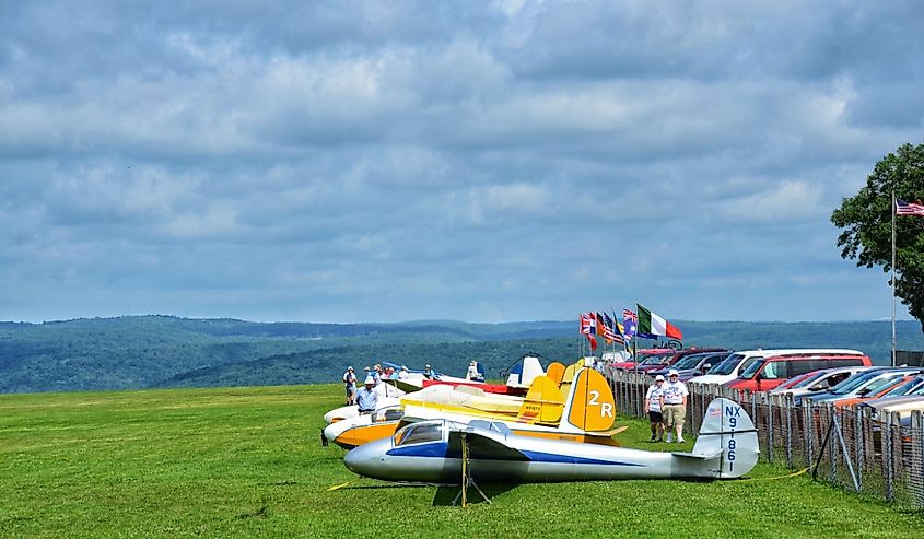 Sailplanes, glider airplanes in row on Harris Hill, Elmira.