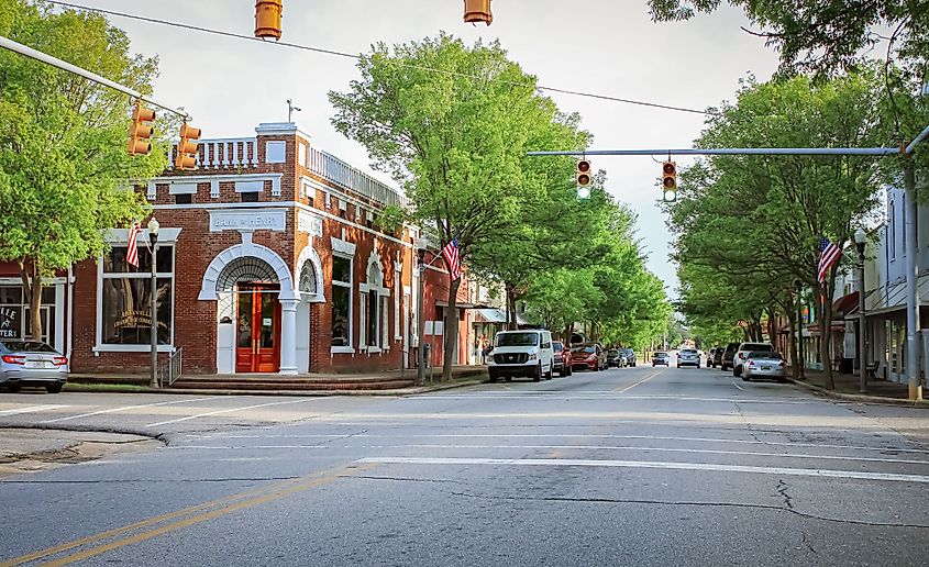 A view of an old bank building on the streets of Abbeville, Alabama