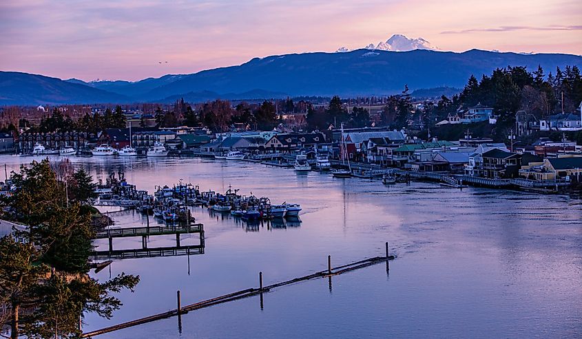 Swinomish Channel in La Conner with Mount Baker in the background.