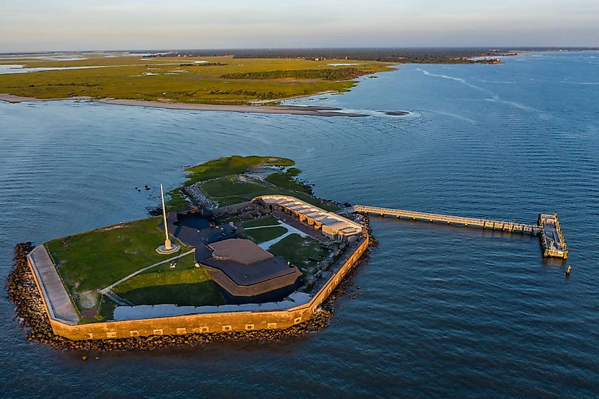 Aerial view of Fort Sumter at sunrise. 