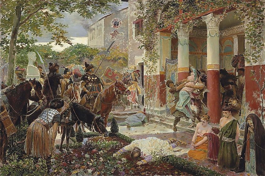 1910 Rochegrosse depiction of Roman villa in Gaul sacked by the hordes of Attila the Hun
