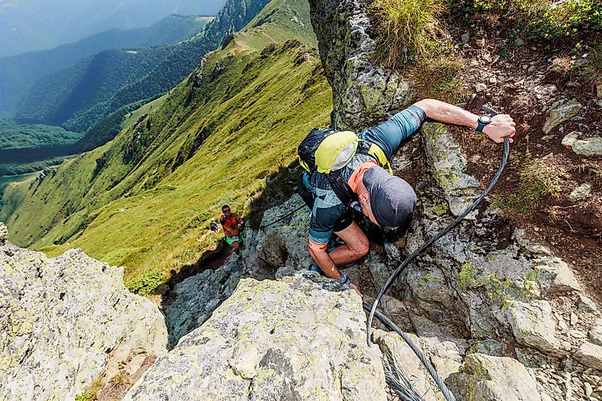 Down-climbing a technical section of the Balkaniada Sky Race course.