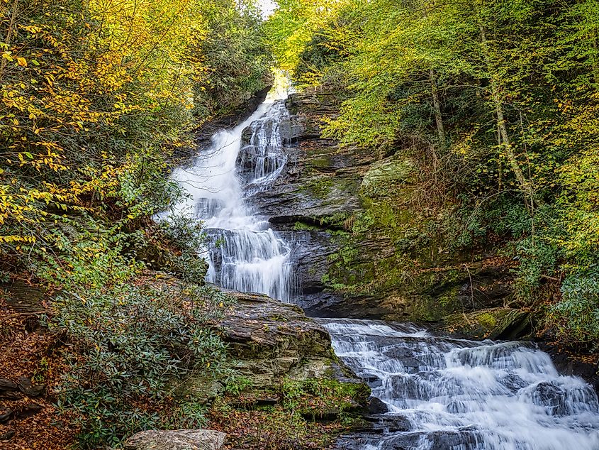Fall color around Mud Creek Falls in Sky Valley in Rabun County, Georgia.