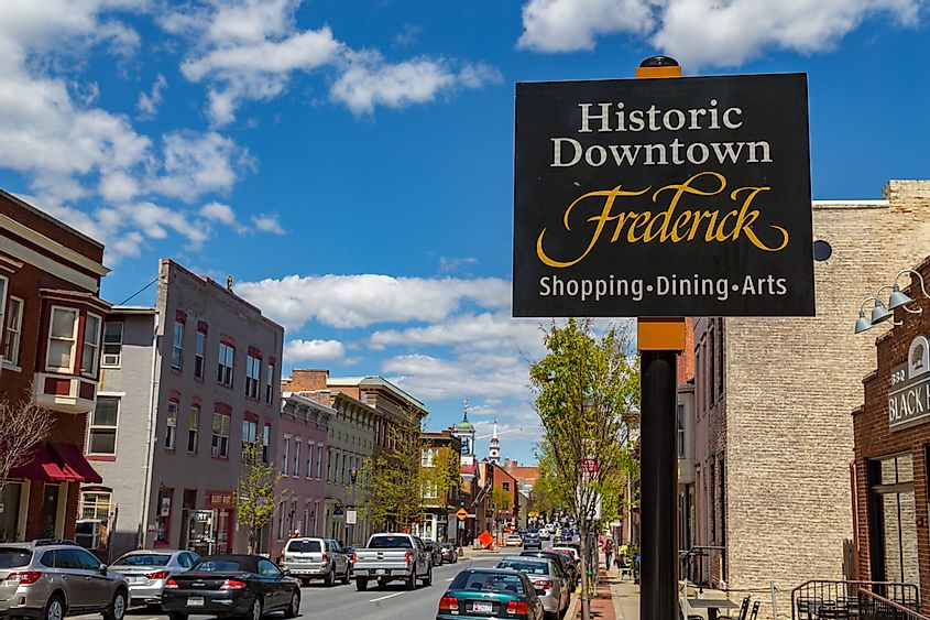Historic Downtown Frederick Maryland sign in downtowan area, via George Sheldon / Shutterstock.com