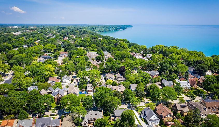 Aerial view of Whitefish Bay Wisconsin looking north featuring Lake Michigan