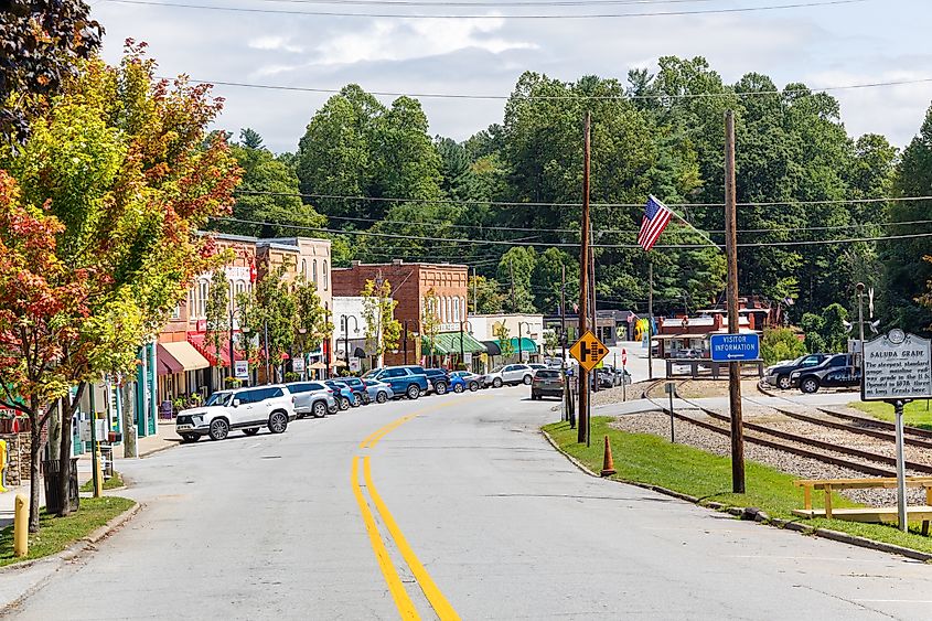 Wide angle view down Main Street in Saluda, North Carolina. Editorial credit: J. Michael Jones / Shutterstock.com