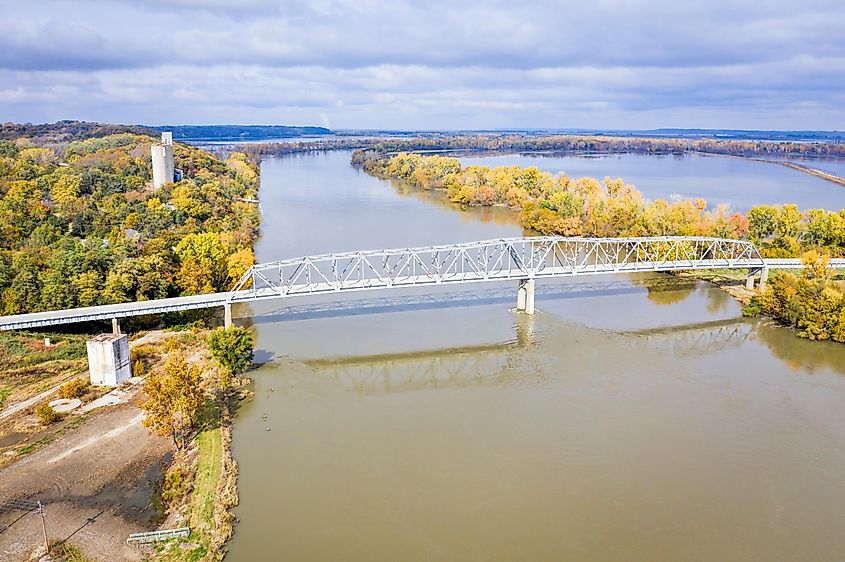 An aerial shot of Brownville Bridge over the Missouri River in Brownville, Nebraska.