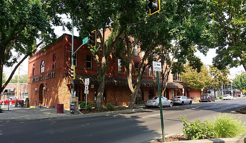 Historic downtown Lewiston, Idaho with cars parked on the street.