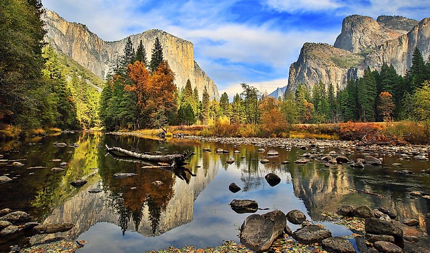A view of El Capitan and Merced River during autumn in Yosemite National Park, California