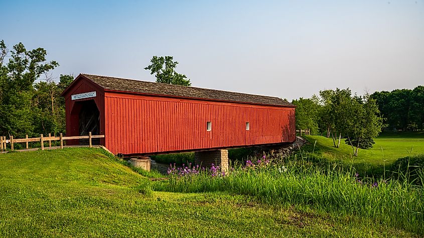 Historic Covered Bridge Over North Fork Zumbro River in Zumbrota, Minnesota, USA.