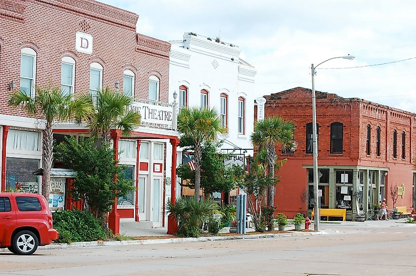 Street view of the Dixie Theater in Apalachicola, Florida.