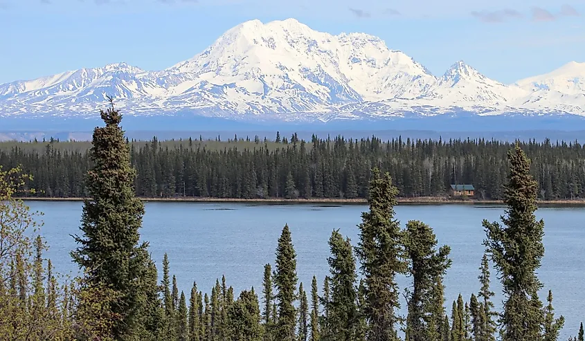 Scenic view of Mount Sanford from Willow Lake, Wrangell-St. Elias National Park & Preserve, Alaska