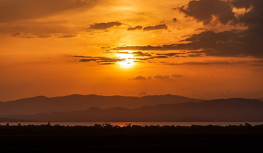 Sunset over Abaya Lake, dusk landscape in the Southern Nations, Nationalities, and Peoples Region of southern Ethiopia. Africa Wilderness