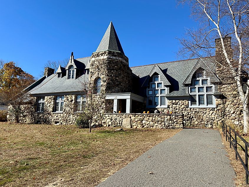 Petersham, Massachusetts, USA - October 27, 2024: Exterior of Petersham Public Library, built in 1899. Richardsonian Romanesque architecture. Rachel Rose Boucher via Shutterstock