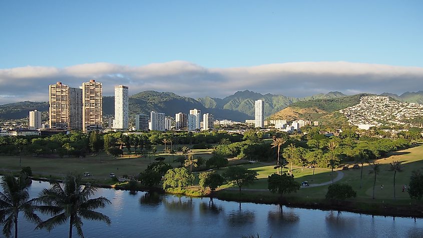 East Honolulu skyline with Ala Wai Canal in foreground.