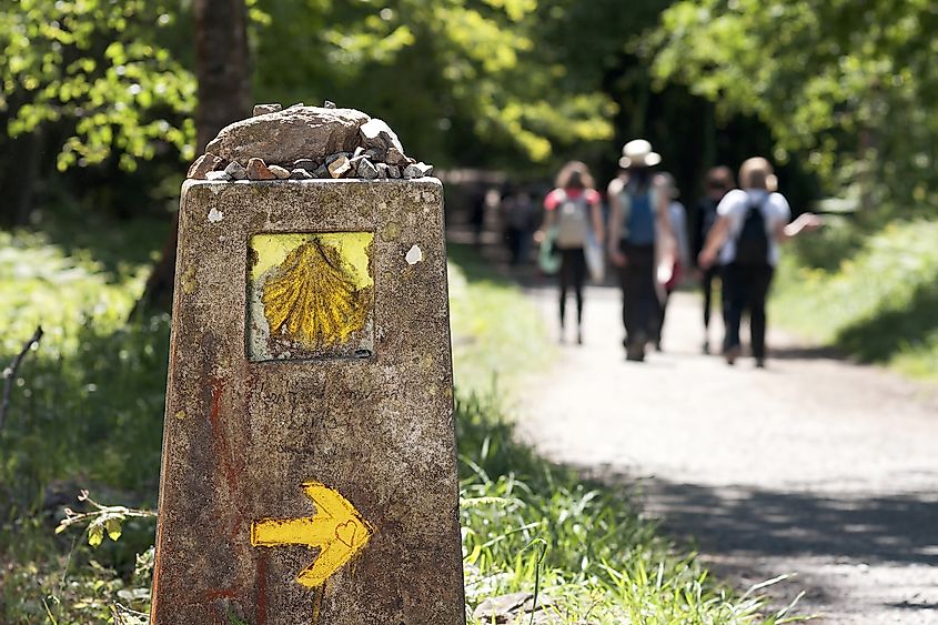 Way of St James , Camino de Santiago , sign shells marks for pilgrims to Compostela Cathedral ,Galicia, Spain