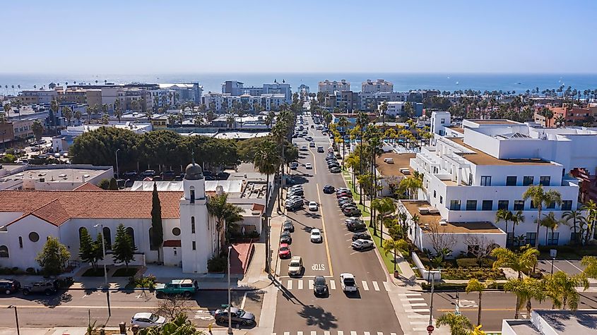 Daytime aerial view of the downtown city area of Oceanside, California