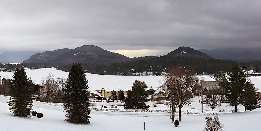 Lake Placid during winter, landscape with frozen lake and mountains