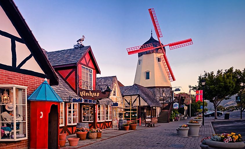 Windmill and Danish buildings in Solvang, California.