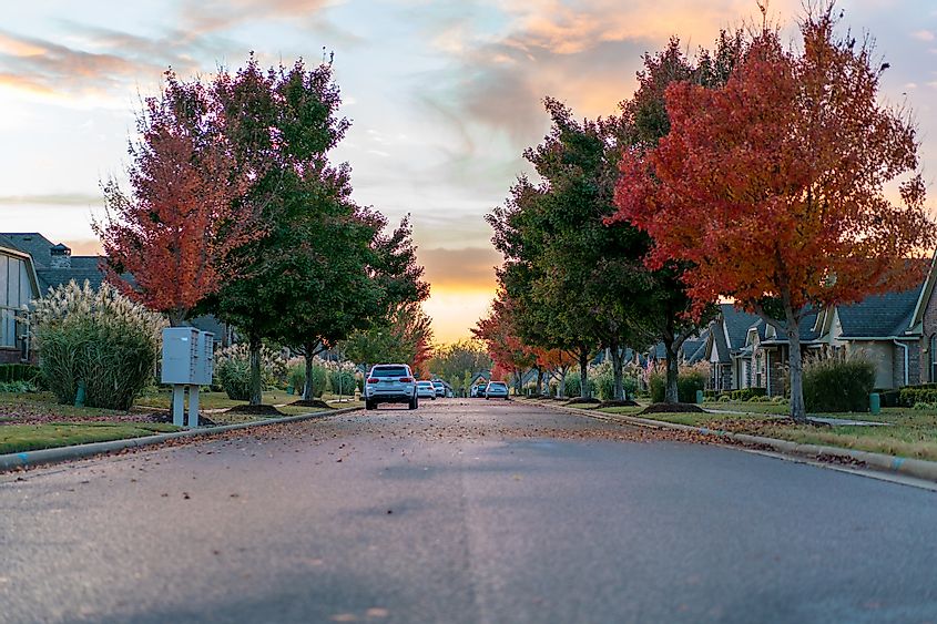 Улица жилого квартала на закате в Бентонвилле, штат Арканзас