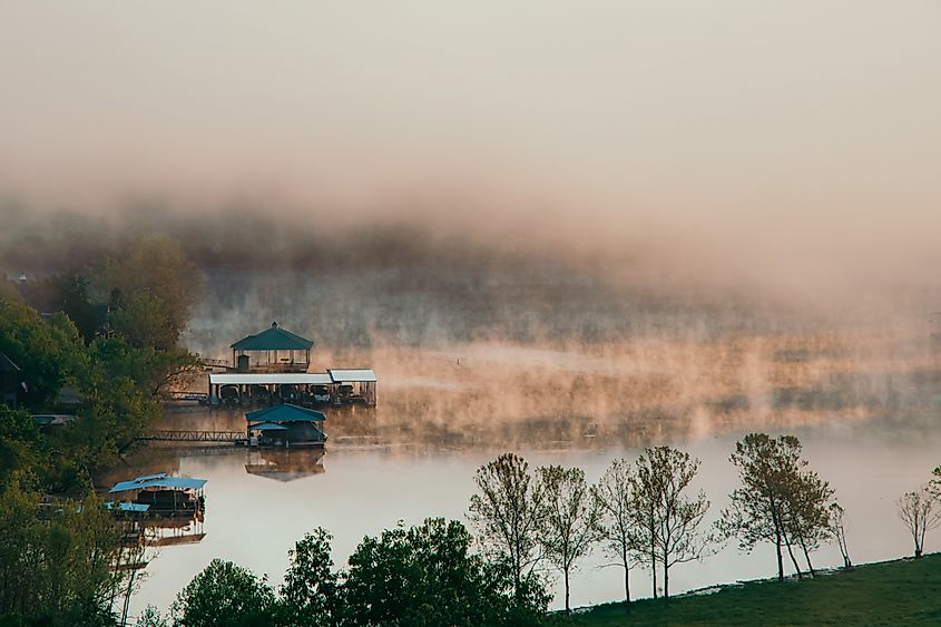 An aerial view of early morning fog over Lake Ozarks.