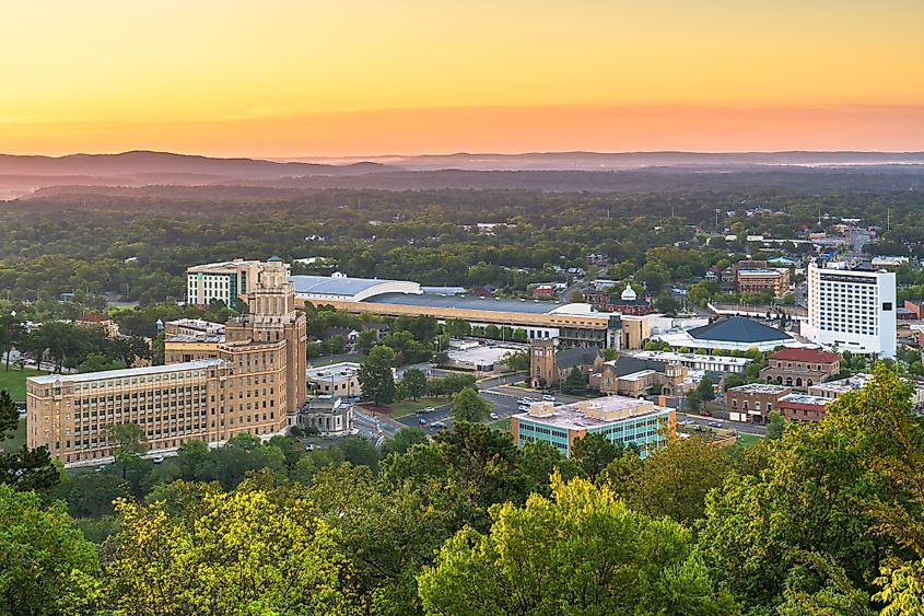 Hot Springs, Arkansas: Town skyline from above at dawn.