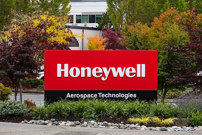 Honeywell Aerospace Technologies sign is a manufacturer of aircraft engines and avionics located in Remond, Washington