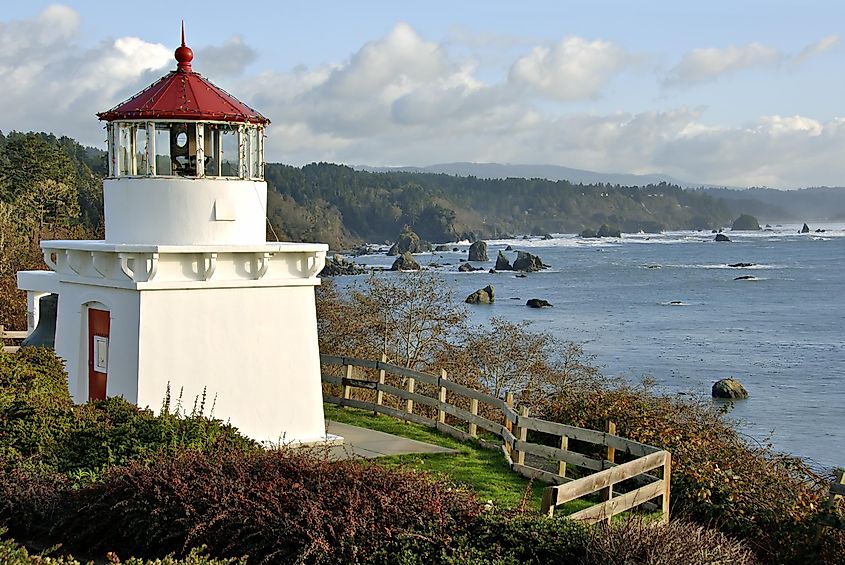 The Trinidad Memorial Lighthouse in Northern California, offering a scenic view of the bay.