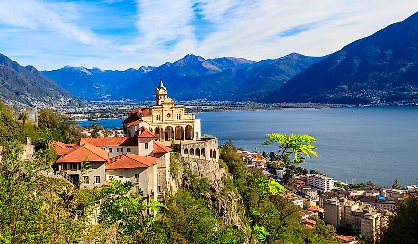 View of Madonna del Sasso monastery and lake Maggiore at Locarno, Switzerland.