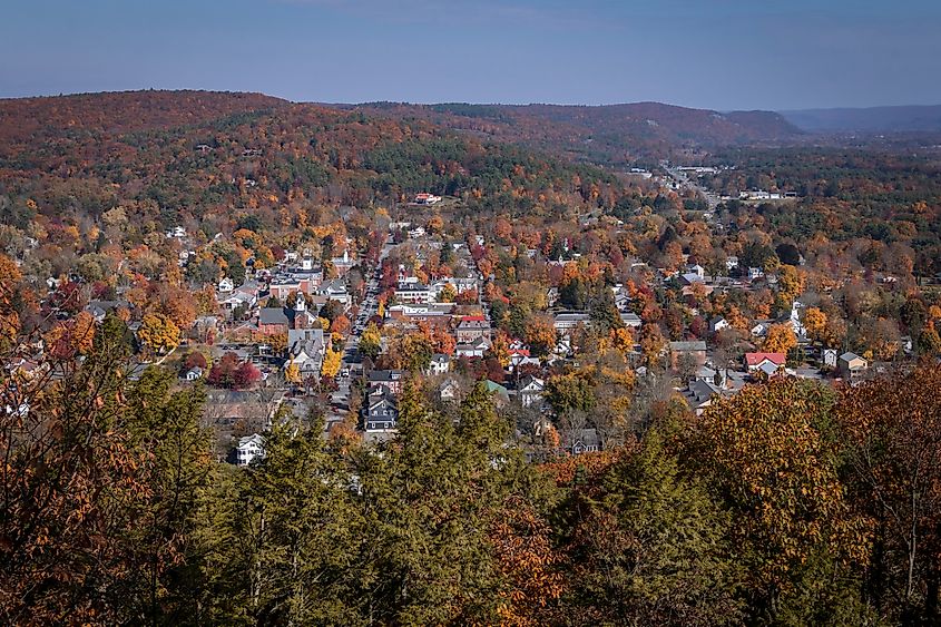 Overlooking small town Milford, PA, from scenic overlook on a sunny fall day