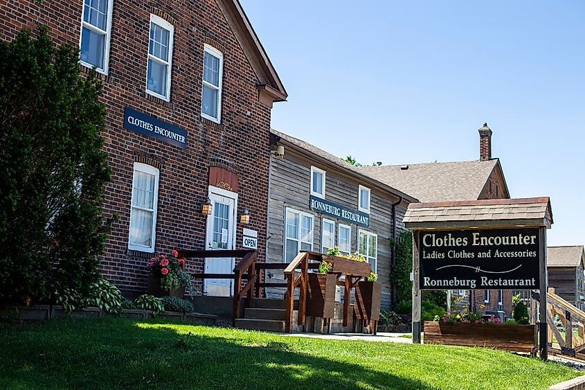 An outdoor shopping for ladies clothes and a restaurant to eat food at the Amana Colonies.