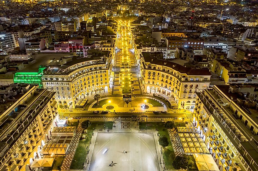Aerial view of famous Aristotelous Square the night in Thessaloniki city,