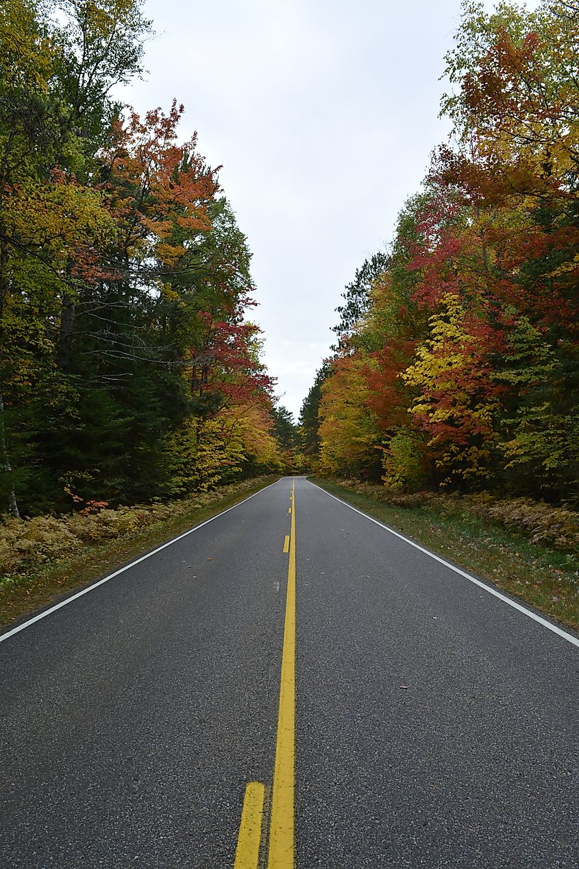 Driving through Michigan’s Upper Peninsula near Brimley State Park
