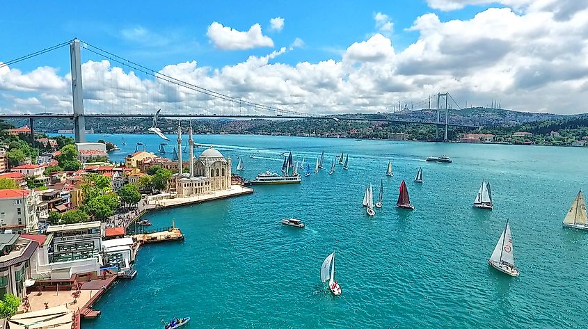 The Bosporus is a narrow strait that divides the city of Istanbul in Turkey.