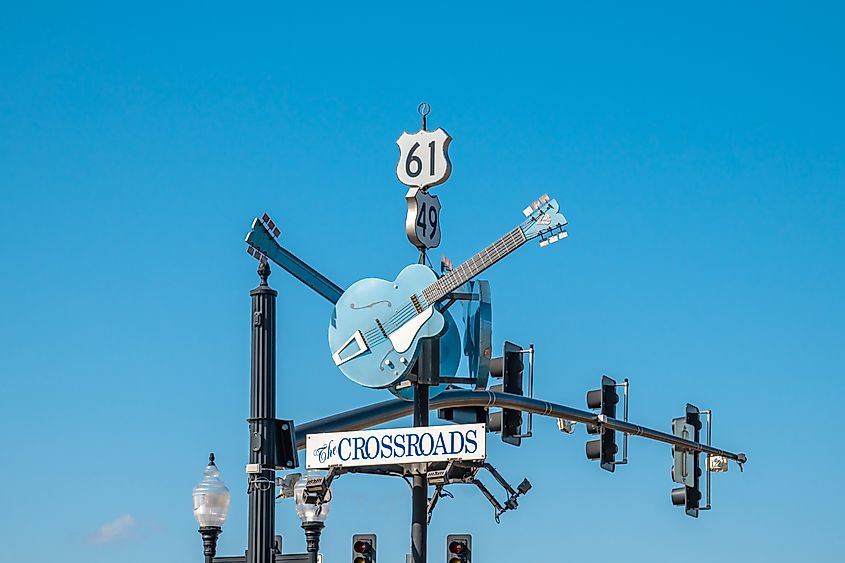 Crossroads sign in Clarksdale, Mississippi.