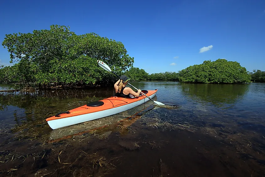Clear water, mangrove islands, and coral reef at Biscayne National Park, Florida.