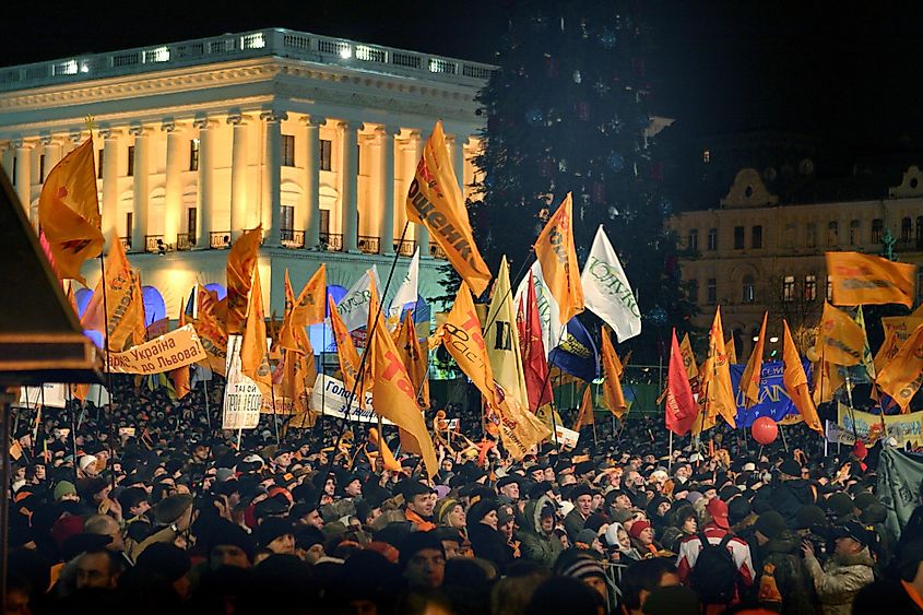 December 2004 Orange Revolution in Kiev. Protestants in Independence Square.