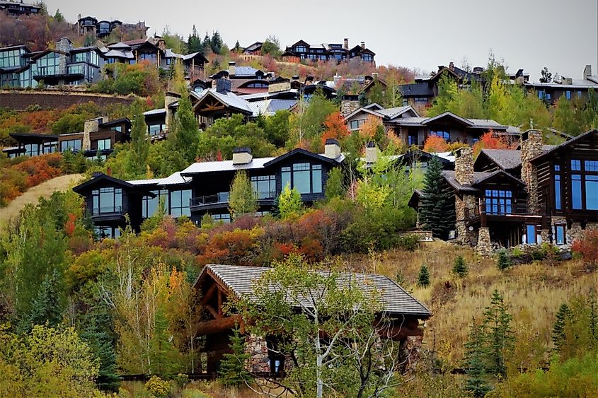 Scenic hillside with luxury homes surrounded by autumn foliage. The houses have large windows and stone facades, creating a cozy, upscale vibe.