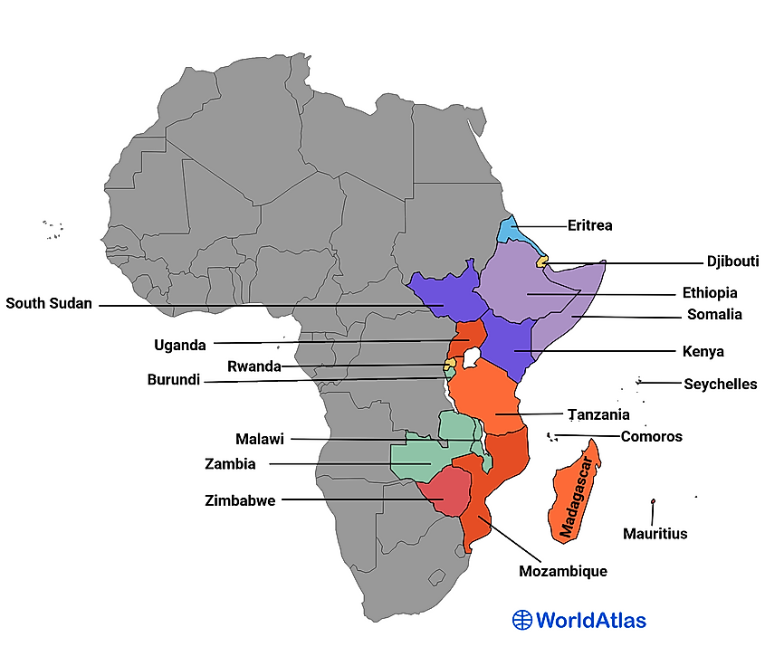 Map showing the 18 countries of Eastern Africa