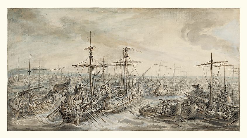 The Roman Fleet Victorious over the Carthaginians at the Battle of Cape Ecnomus. Gabriel de Saint-Aubin, Public domain, via Wikimedia Commons