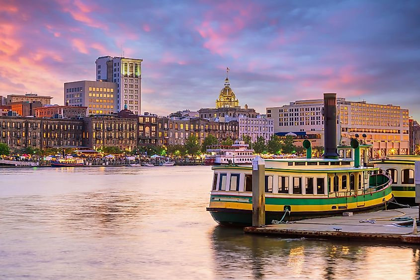 Historic District waterfront of Savannah, Georgia USA at sunset