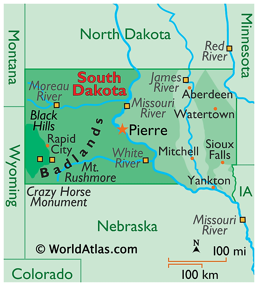 Physical map of South Dakota showing the Missouri River, the Black Hills, and the Badlands.