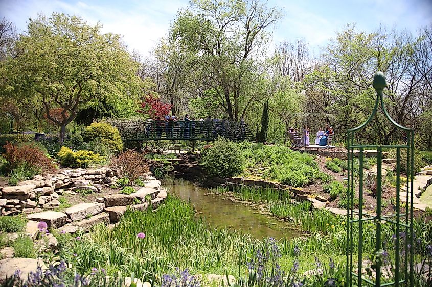 Beautiful pond and bridge in Overland Park Arboretum and Botanical Garden, in Overland Park, Kansas