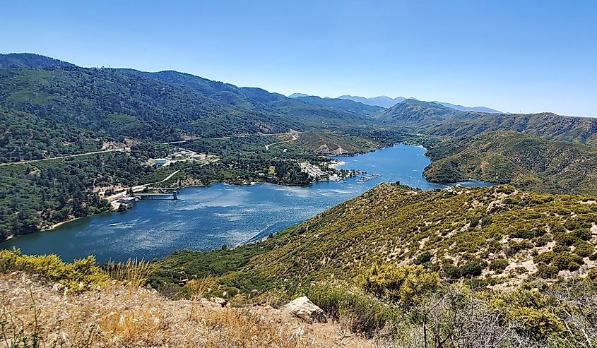 Aerial view of Silverwood Lake in California while off roading.