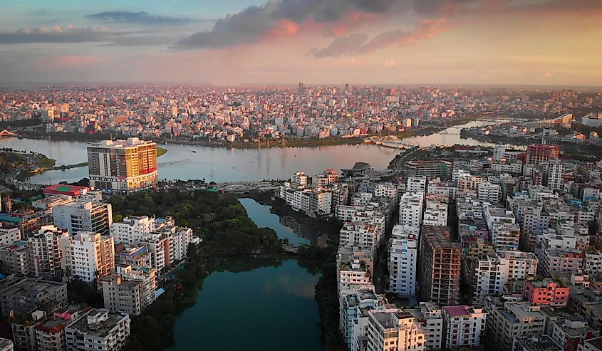 Stunning aerial drone view of Hatirjheel, Dhaka, Bangladesh during a beautiful sunset