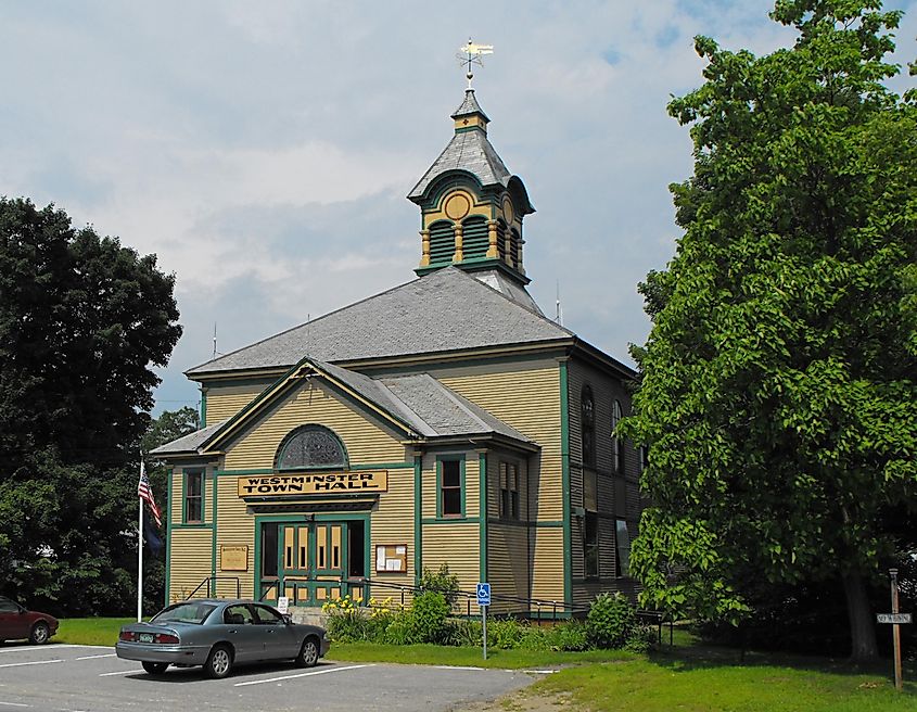 Westminster Town Hall, showcasing the building's architecture and surroundings.