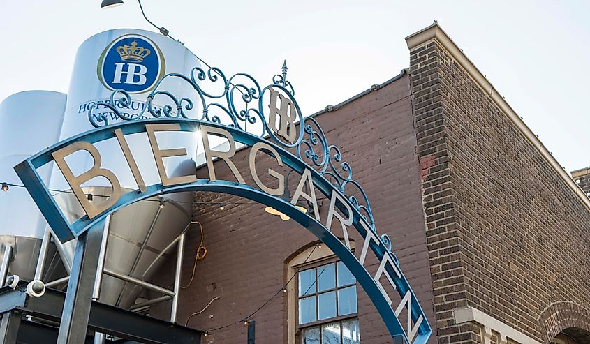 Looking up at Biergarten sign at Hofbrauhaus