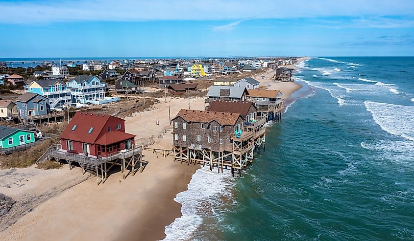 Aerial View of Beach Homes in Rodanthe North Carolina in the Water at High Tide