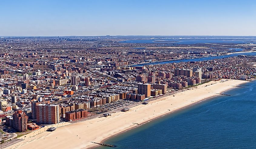 Aerial view of Long Island in New York, USA. It is the westernmost residential and commercial neighborhood of the New York City borough of Queens.